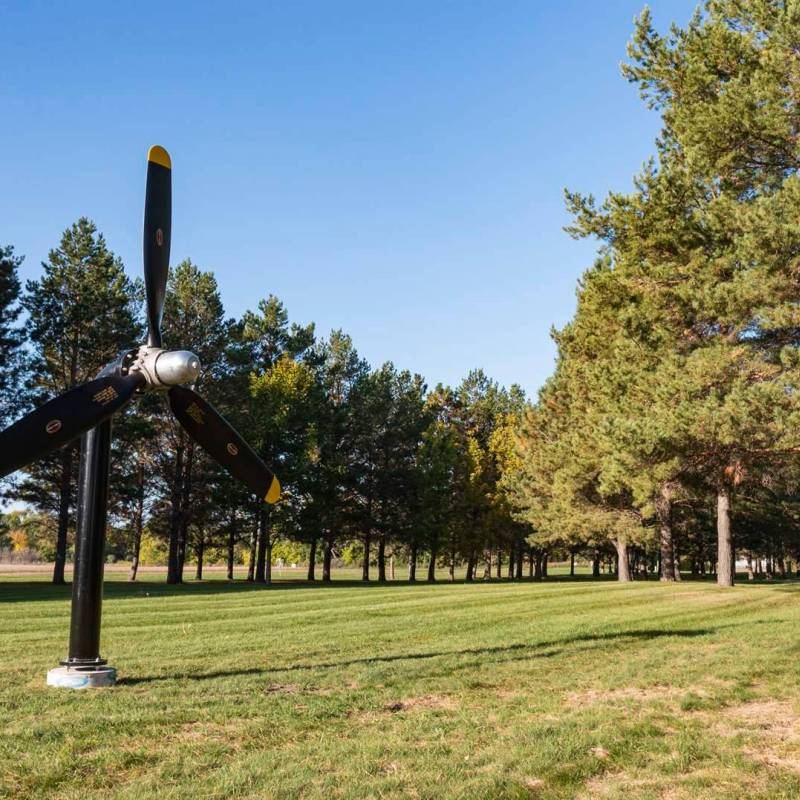 A propeller on green space within the grounds of the North Dakota Veterans Home.