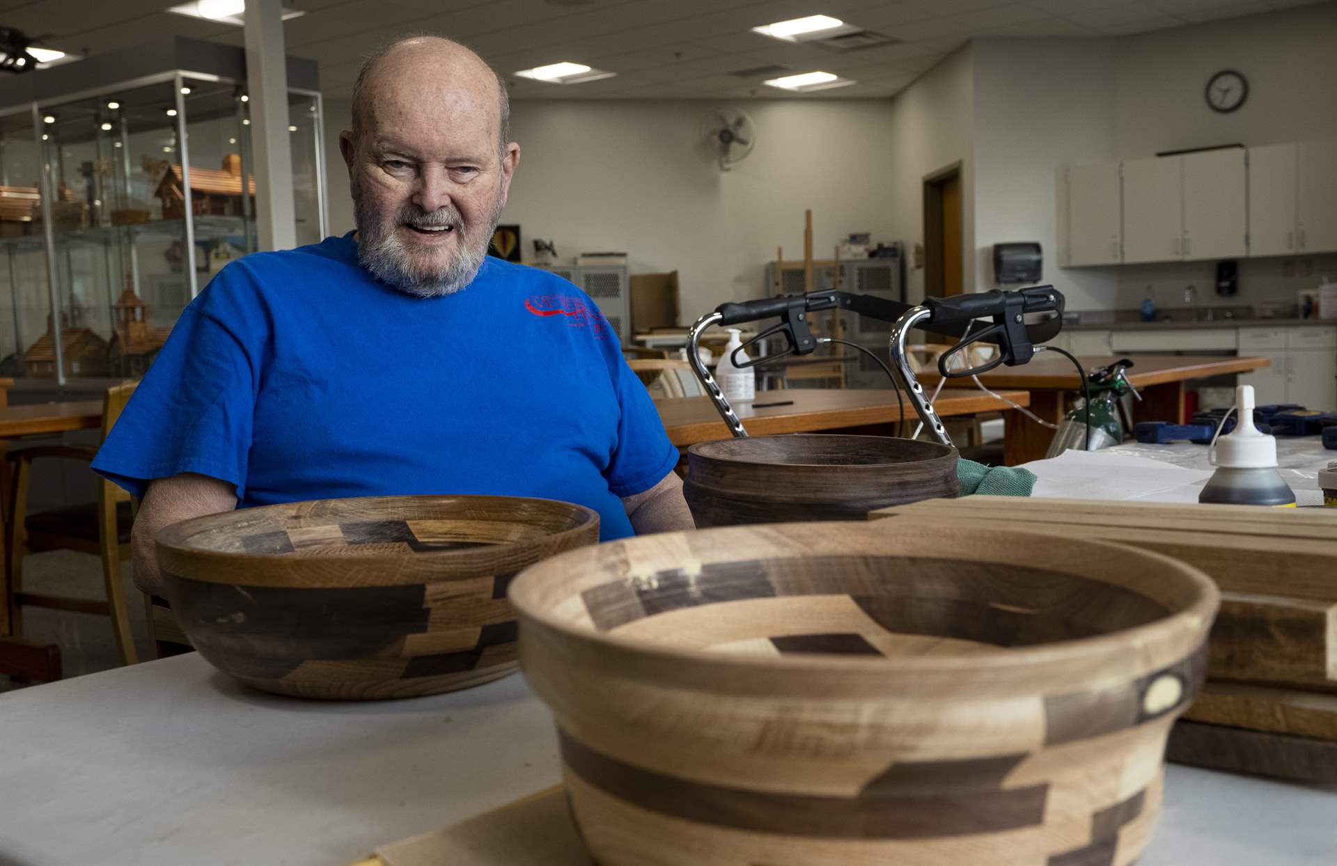 A North Dakota Veterans Home resident making wooden bowls.